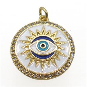 copper circle pendant pave zircon, enamel, eye, gold plated, approx 19mm dia