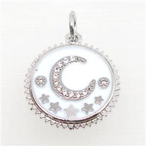 copper circle pendant pave zircon, white enamel, moon, platinum plated, approx 16mm dia