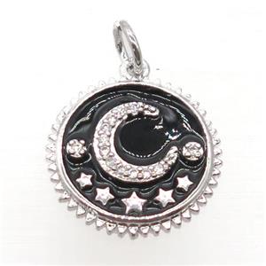 copper circle pendant pave zircon, black enamel, moon, platinum plated, approx 16mm dia