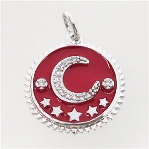 copper circle pendant pave zircon, red enamel, moon, platinum plated, approx 16mm dia