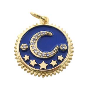 copper circle pendant pave zircon, blue enamel, moon, gold plated, approx 16mm dia