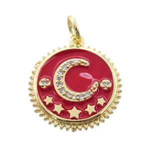 copper circle pendant pave zircon, red enamel, moon, gold plated, approx 16mm dia