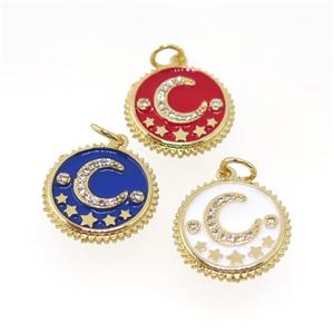 copper circle pendant pave zircon, enamel, moon, gold plated, mix, approx 16mm dia