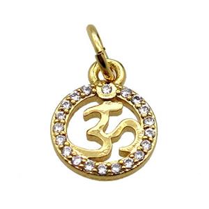 copper circle pendant pave zircon with Om symbol, gold plated, approx 9mm dia