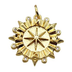 copper Compass pendant pave zircon, gold plated, approx 18mm dia