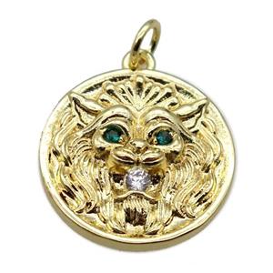 copper circle pendant pave zircon, dragon, gold plated, approx 18mm dia