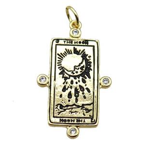 copper rectangle tarot card pendant pave zircon, moonface, gold plated, approx 18-30mm