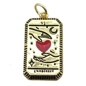 copper rectangle tarot card pendant pave zircon, red heart, gold plated, approx 14-25mm