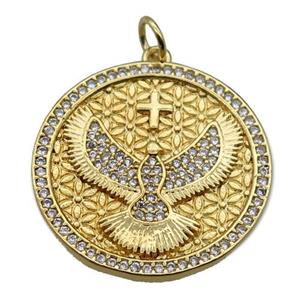 copper circle pendant pave zircon with hawk, gold plated, approx 25mm dia