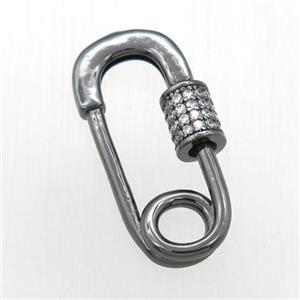 copper carabiner lock pendant paved zircon, safepin, black plated, approx 14-23mm