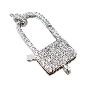 copper Carabiner Clasp paved zircon, lock, platinum plated, approx 20-35mm
