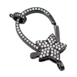 copper Carabiner Clasp paved zircon, star, black plated, approx 20-35mm