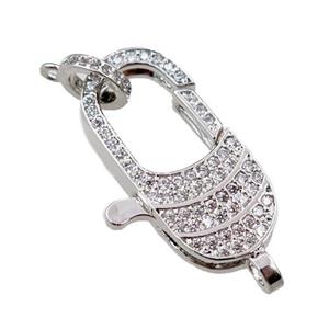 copper Carabiner Clasp paved zircon, platinum plated, approx 15-25mm