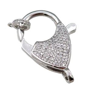 copper Carabiner Clasp paved zircon, platinum plated, approx 20-30mm