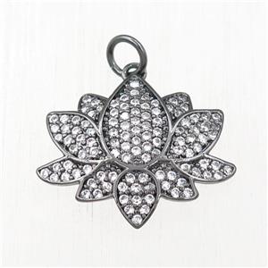 copper lotus pendant pave zircon, black plated, approx 18-20mm