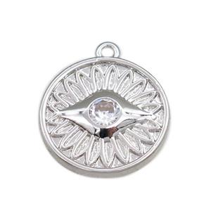 copper circle pendant pave zircon, eye, platinum plated, approx 14mm dia