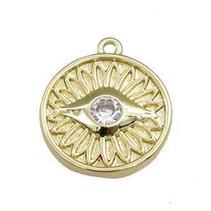 copper circle pendant pave zircon, eye, gold plated, approx 14mm dia
