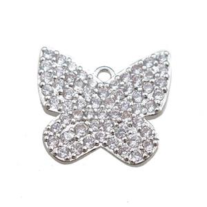 copper butterfly pendant pave zircon, platinum plated, approx 14mm