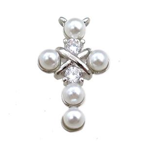 copper cross pendant pave zircon with pearlized plastic, platinum plated, approx 11-20mm