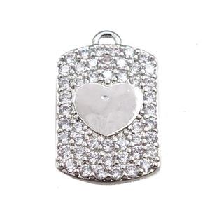 copper rectangle pendant pave zircon, heart, platinum plated, approx 12-16mm