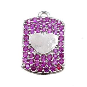 copper rectangle pendant pave hotpink zircon, heart, platinum plated, approx 12-16mm