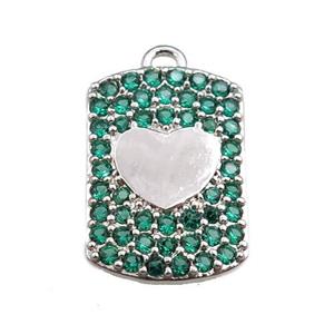 copper rectangle pendant pave green zircon, heart, platinum plated, approx 12-16mm