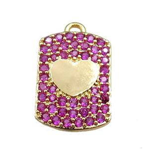 copper rectangle pendant pave hotpink zircon, heart, gold plated, approx 12-16mm