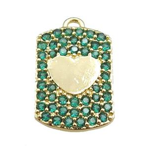 copper rectangle pendant pave green zircon, heart, gold plated, approx 12-16mm