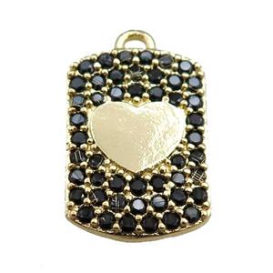 copper rectangle pendant pave black zircon, heart, gold plated, approx 12-16mm