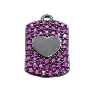 copper rectangle pendant pave hotpink zircon, heart, black plated, approx 12-16mm