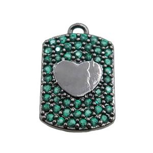 copper rectangle pendant pave green zircon, heart, black plated, approx 12-16mm