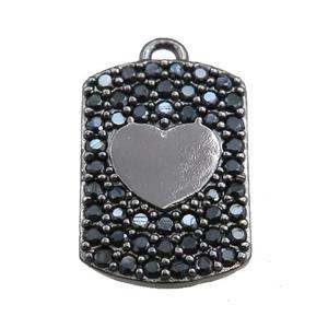 copper rectangle pendant pave black zircon, heart, black plated, approx 12-16mm