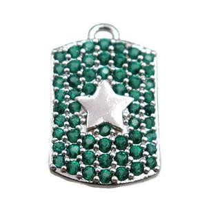 copper rectangle pendant pave green zircon, star, platinum plated, approx 12-16mm