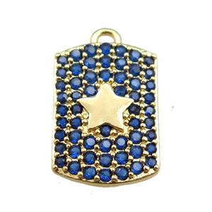 copper rectangle pendant pave blue zircon, star, gold plated, approx 12-16mm