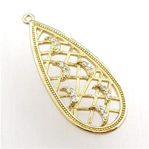 copper teardrop pendant pave zircon, moon, gold plated, approx 15-34mm