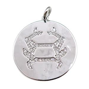copper circle pendant pave zircon, zodiac Cancer, platinum plated, approx 28mm dia