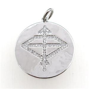 copper circle pendant pave zircon, zodiac Sagittarius, platinum plated, approx 28mm dia