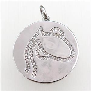 copper circle pendant pave zircon, zodiac Aquarius, platinum plated, approx 28mm dia