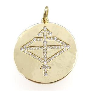 copper circle pendant pave zircon, zodiac Sagittarius, gold plated, approx 28mm dia