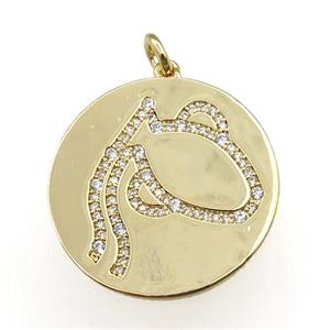copper circle pendant pave zircon, zodiac Aquarius, gold plated, approx 28mm dia