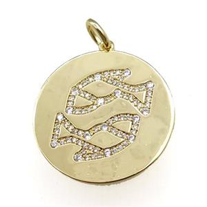 copper circle pendant pave zircon, zodiac Pisces, gold plated, approx 28mm dia