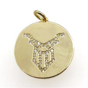 copper circle pendant pave zircon, zodiac Capricorn, gold plated, approx 28mm dia
