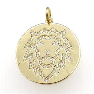 copper circle pendant pave zircon, zodiac Leo, gold plated, approx 28mm dia