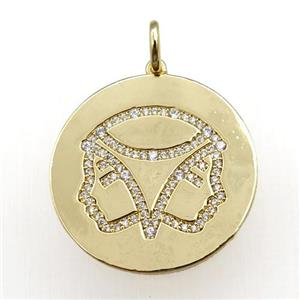 copper circle pendant pave zircon, zodiac Gemini, gold plated, approx 28mm dia