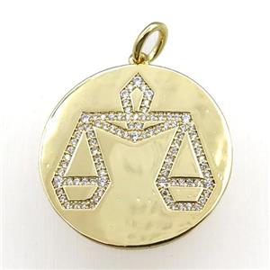 copper circle pendant pave zircon, zodiac Libra, gold plated, approx 28mm dia