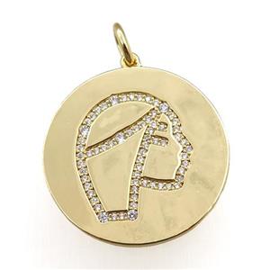 copper circle pendant pave zircon, zodiac Virgo, gold plated, approx 28mm dia