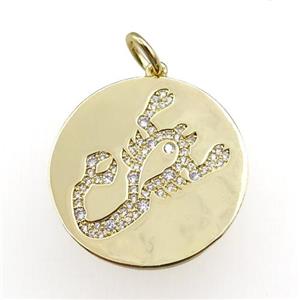 copper circle pendant pave zircon, zodiac Scorpio, gold plated, approx 28mm dia