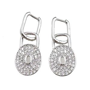 copper Latchback Earrings with lock pave zircon, platinum plated, approx 15-25mm, 12x16mm