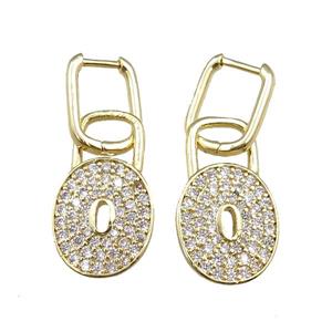 copper Latchback Earrings with lock pave zircon, gold plated, approx 15-25mm, 12x16mm
