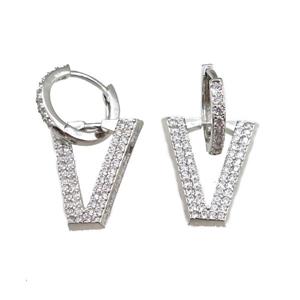 copper Hoop Earrings with V-letter pave zircon, platinum plated, approx 15-18mm, 14mm dia